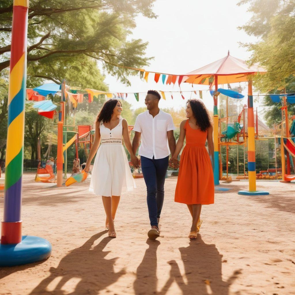 A whimsical park scene with diverse couples from different cultures holding hands and laughing, surrounded by colorful playground equipment like swings and slides. Vibrant flags from various nations fluttering in the breeze, symbolizing unity and connection. Soft sunlight illuminating the joyful expressions and foliage around. super-realistic. vibrant colors. white background.