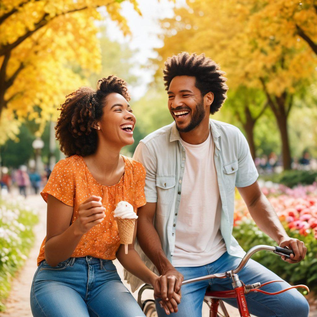 A joyful couple of diverse backgrounds, laughing and enjoying a sunny day in the park. The scene captures playful moments like sharing ice cream and riding bicycles, surrounded by vibrant flowers and trees. Their expressions radiate happiness and love, symbolizing fun-loving interracial relationships. The background is bright and colorful, emphasizing a warm atmosphere. super-realistic. vibrant colors. soft focus.